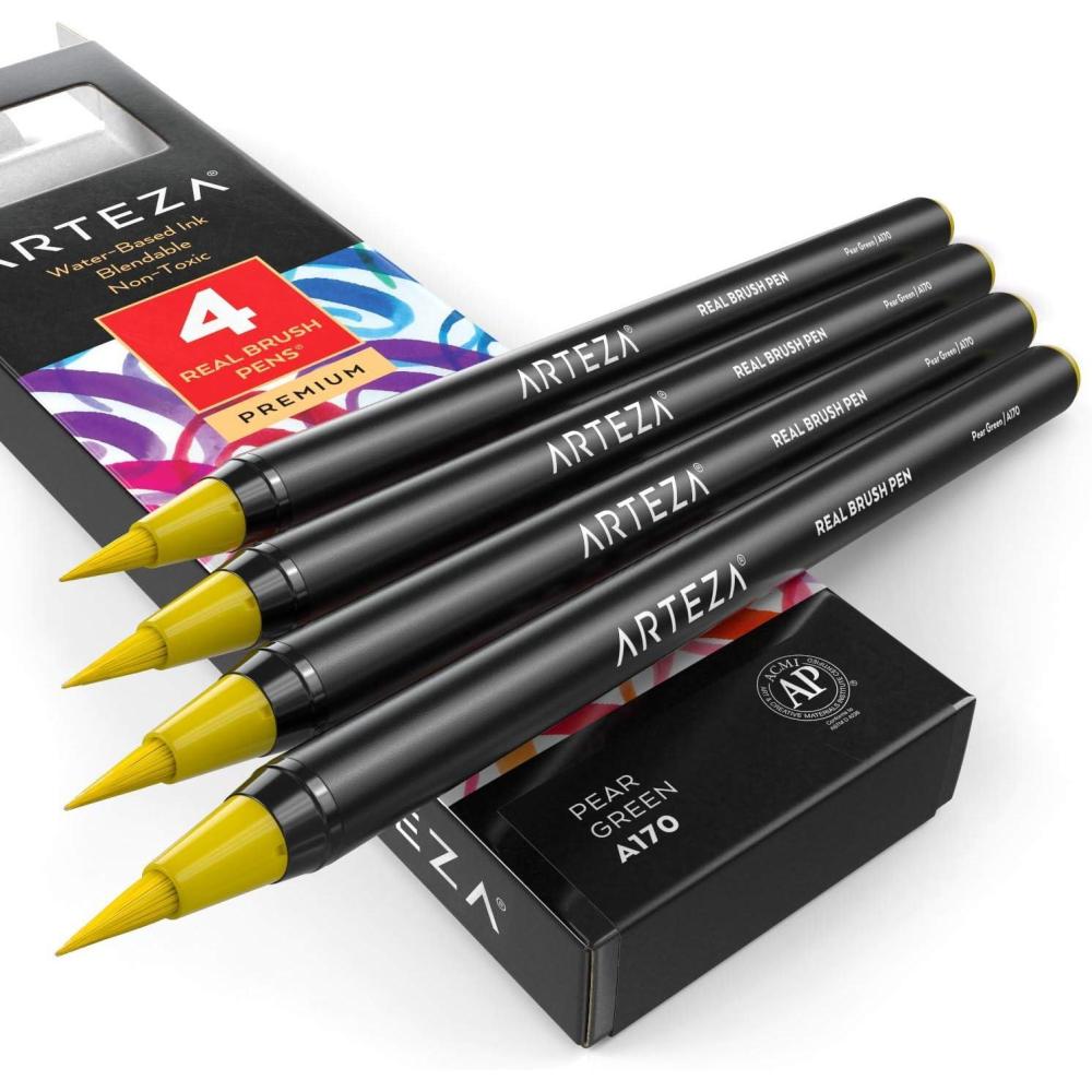 imageArteza Real Brush Pens A152 Acid Green Pack of 4 Watercolor Pens with Nylon Brush Tips Art Supplies for DryBrush Painting Sketching Coloring amp CalligraphyA170 Pear Green