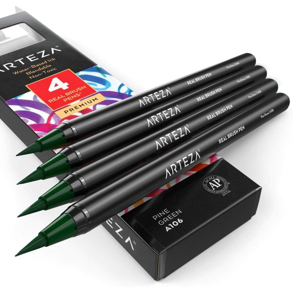 imageArteza Real Brush Pens A152 Acid Green Pack of 4 Watercolor Pens with Nylon Brush Tips Art Supplies for DryBrush Painting Sketching Coloring amp CalligraphyA106 Pine Green