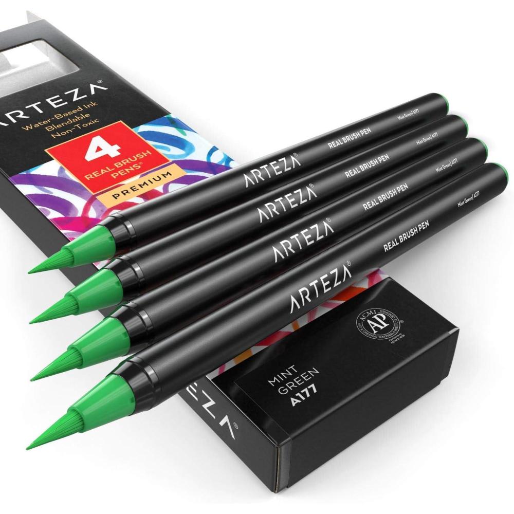 imageArteza Real Brush Pens A152 Acid Green Pack of 4 Watercolor Pens with Nylon Brush Tips Art Supplies for DryBrush Painting Sketching Coloring amp CalligraphyA177 Mint Green