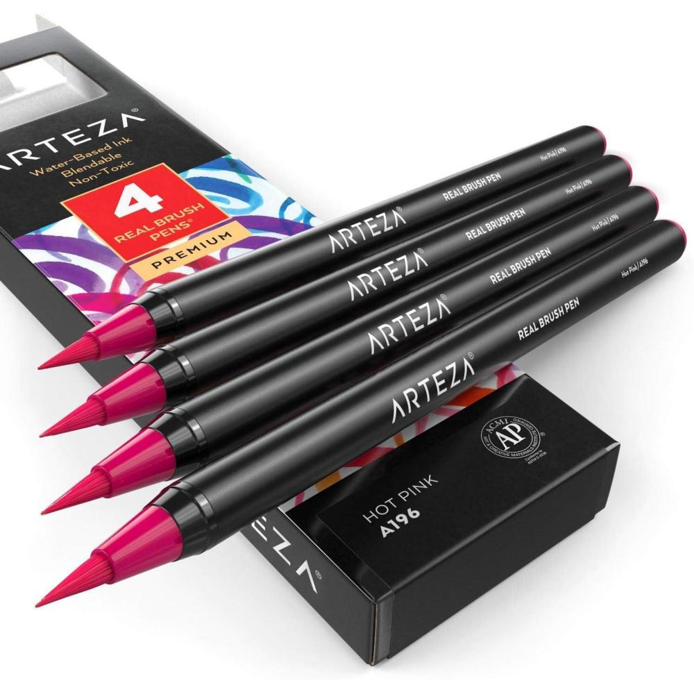 imageArteza Real Brush Pens A152 Acid Green Pack of 4 Watercolor Pens with Nylon Brush Tips Art Supplies for DryBrush Painting Sketching Coloring amp CalligraphyA196 Hot Pink