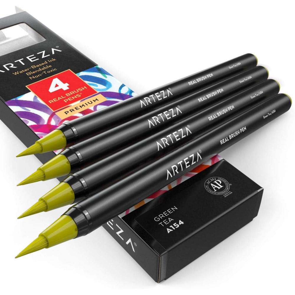 imageArteza Real Brush Pens A152 Acid Green Pack of 4 Watercolor Pens with Nylon Brush Tips Art Supplies for DryBrush Painting Sketching Coloring amp CalligraphyA154 Green Tea