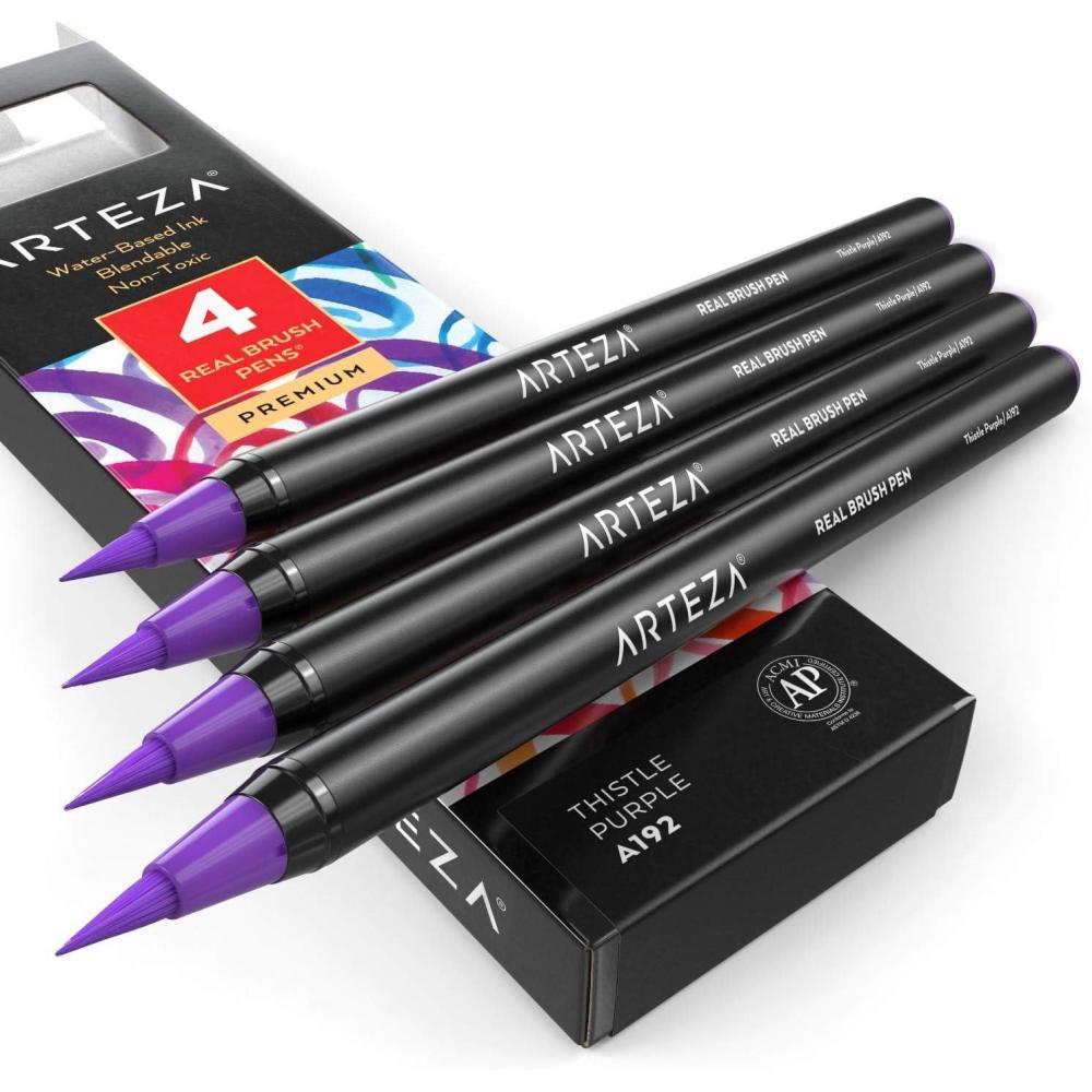 imageArteza Real Brush Pens A152 Acid Green Pack of 4 Watercolor Pens with Nylon Brush Tips Art Supplies for DryBrush Painting Sketching Coloring amp CalligraphyA192 Thistle Purple