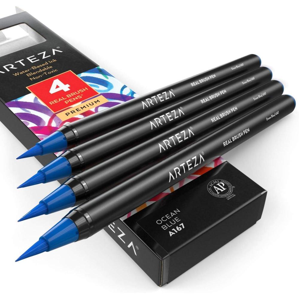 imageArteza Real Brush Pens A152 Acid Green Pack of 4 Watercolor Pens with Nylon Brush Tips Art Supplies for DryBrush Painting Sketching Coloring amp CalligraphyA167 Ocean Blue
