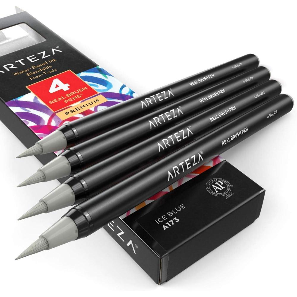 imageArteza Real Brush Pens A152 Acid Green Pack of 4 Watercolor Pens with Nylon Brush Tips Art Supplies for DryBrush Painting Sketching Coloring amp CalligraphyA173 Ice Blue