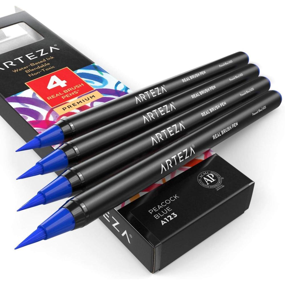 imageArteza Real Brush Pens A152 Acid Green Pack of 4 Watercolor Pens with Nylon Brush Tips Art Supplies for DryBrush Painting Sketching Coloring amp CalligraphyA123 Peacock Blue