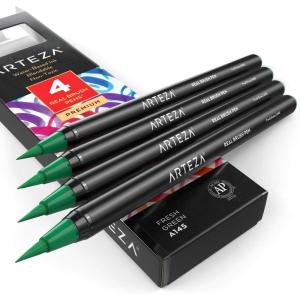 Arteza Real Brush Pens, A152 Acid Green, Pack of 4, Watercolor Pens with Nylon Brush Tips, Art Supplies for Dry-Brush Painting, Sketching, Coloring & Calligraphy(A145 Fresh Green)