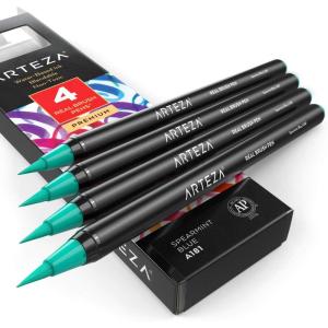 Arteza Real Brush Pens, A152 Acid Green, Pack of 4, Watercolor Pens with Nylon Brush Tips, Art Supplies for Dry-Brush Painting, Sketching, Coloring & Calligraphy(A181 Spearmint Blue)