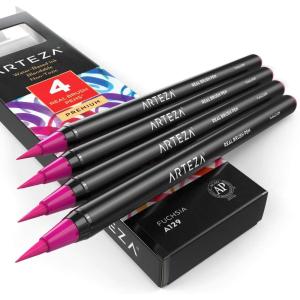 Arteza Real Brush Pens, A152 Acid Green, Pack of 4, Watercolor Pens with Nylon Brush Tips, Art Supplies for Dry-Brush Painting, Sketching, Coloring & Calligraphy(A129 Fuchsia)
