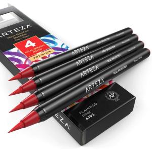 Arteza Real Brush Pens, A152 Acid Green, Pack of 4, Watercolor Pens with Nylon Brush Tips, Art Supplies for Dry-Brush Painting, Sketching, Coloring & Calligraphy(A193 Flamingo Pink)