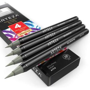 Arteza Real Brush Pens, A152 Acid Green, Pack of 4, Watercolor Pens with Nylon Brush Tips, Art Supplies for Dry-Brush Painting, Sketching, Coloring & Calligraphy(A174 Dolphin Gray)