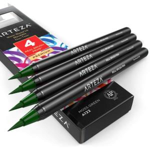 Arteza Real Brush Pens, A152 Acid Green, Pack of 4, Watercolor Pens with Nylon Brush Tips, Art Supplies for Dry-Brush Painting, Sketching, Coloring & Calligraphy(A122 Moss Green)