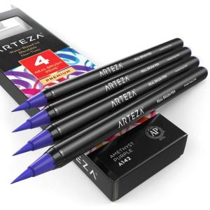 Arteza Real Brush Pens, A152 Acid Green, Pack of 4, Watercolor Pens with Nylon Brush Tips, Art Supplies for Dry-Brush Painting, Sketching, Coloring & Calligraphy(A142 Amethyst Purple)