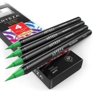 Arteza Real Brush Pens, A152 Acid Green, Pack of 4, Watercolor Pens with Nylon Brush Tips, Art Supplies for Dry-Brush Painting, Sketching, Coloring & Calligraphy(A177 Mint Green)