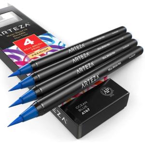 Arteza Real Brush Pens, A152 Acid Green, Pack of 4, Watercolor Pens with Nylon Brush Tips, Art Supplies for Dry-Brush Painting, Sketching, Coloring & Calligraphy(A167 Ocean Blue)