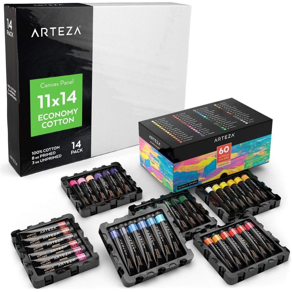 imageArteza Bundle 11x14 Bulk Pack of 100 Economy Cotton Canvas Panels Set of 14  Acrylic Paint 22 ml Tubes Set of 60 Assorted Colors Painting Art Supplies for Artist Hobby Painters amp Beginners