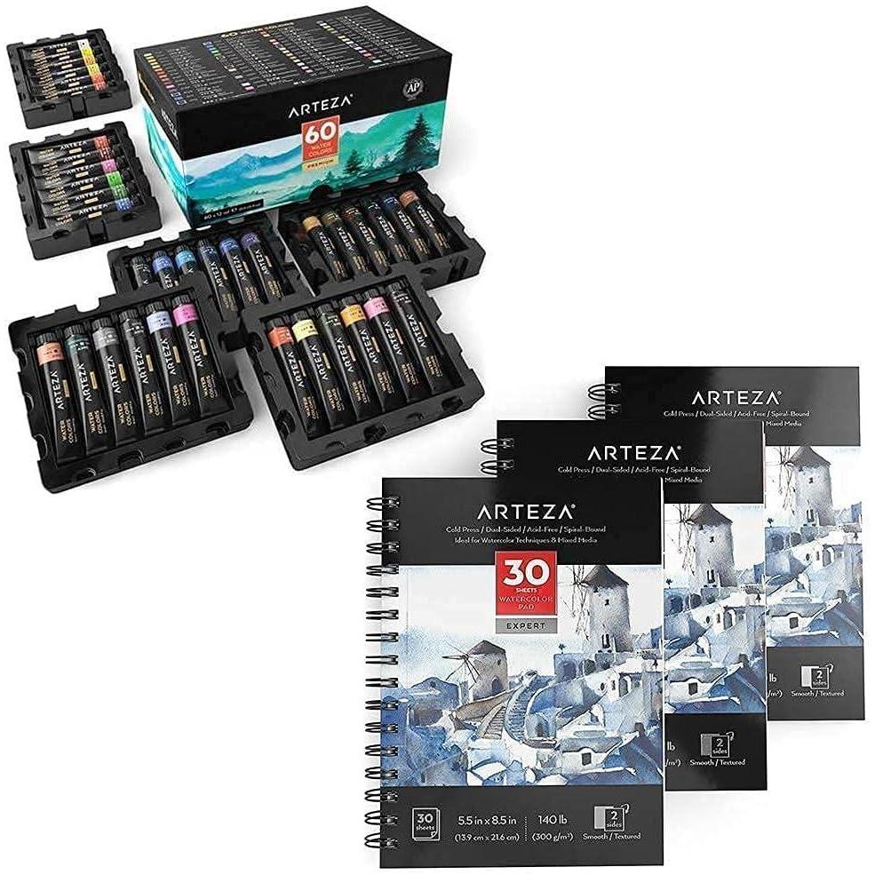 imageArteza Watercolor Paint Set and Expert Watercolor Pad Bundle for Artists amp Hobby Painters