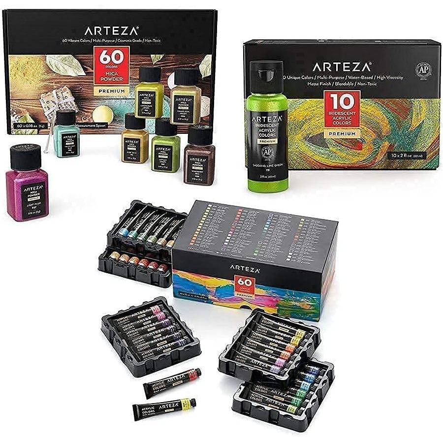 imageARTEZA Acrylic Paint Set and Mica Powder Bundle Painting Art Supplies for Artist Hobby Painters amp Beginners
