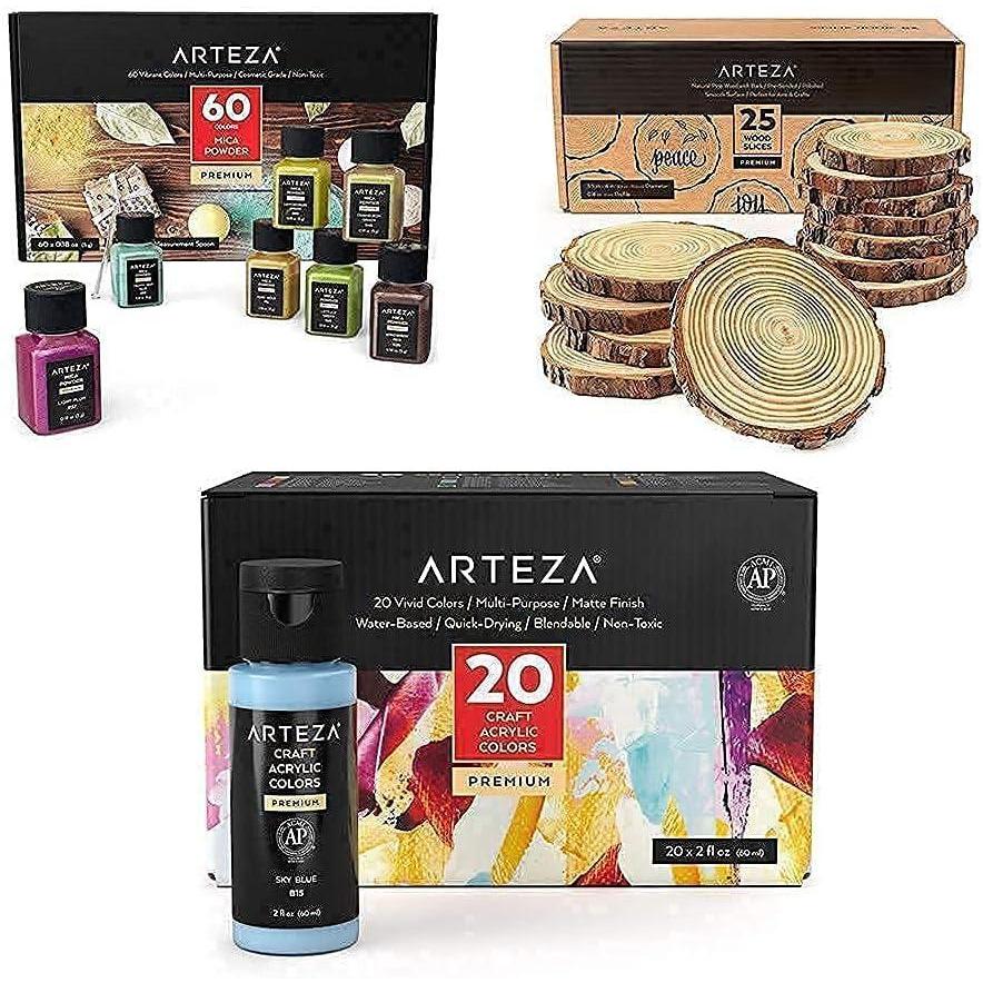 imageARTEZA Craft Acrylic Paints Mica Powder and Wood Slices Bundle Painting Art Supplies for Artist Hobby Painters amp Beginners