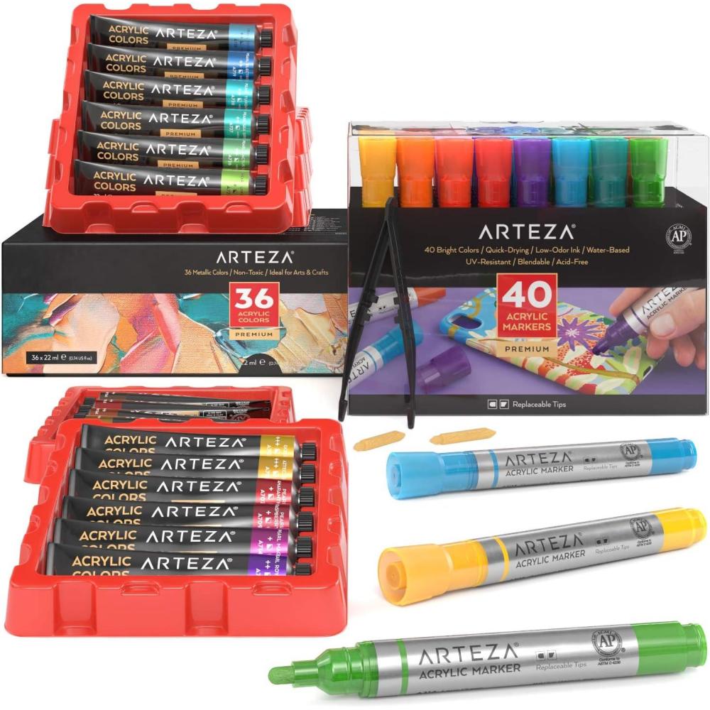 imageARTEZA Metallic Acrylic Paint Set of 36 Colors with Acrylic Paint Markers Set of 40 Assorted Color Pens Drawing Art Supplies for Artist Hobby Painters amp Beginners