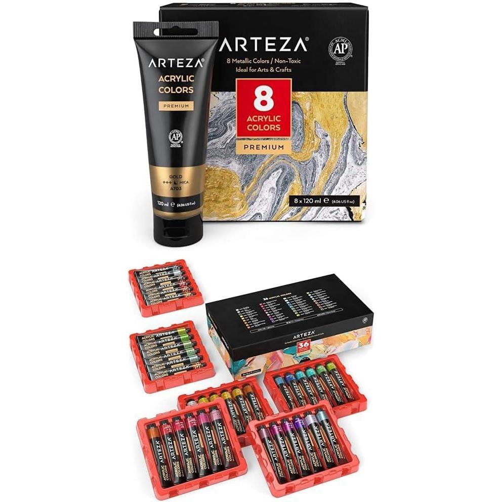 imageARTEZA Metallic Acrylic Paint Set of 8 Metallic Colors in 406oz120ml Tubes and Metallic Acrylic Paint Set of 36 Colors