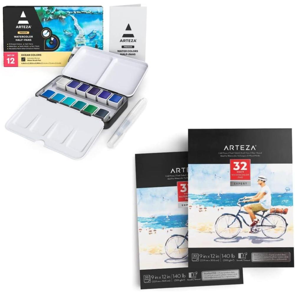 imageARTEZA Watercolor Paint Set with Water Brush 12 Watercolor Half Pans in Ocean Tones Watercolor Sketchbook 9x12 inch Pack of 2 Art Supplies for Painting Stunning Seascapes
