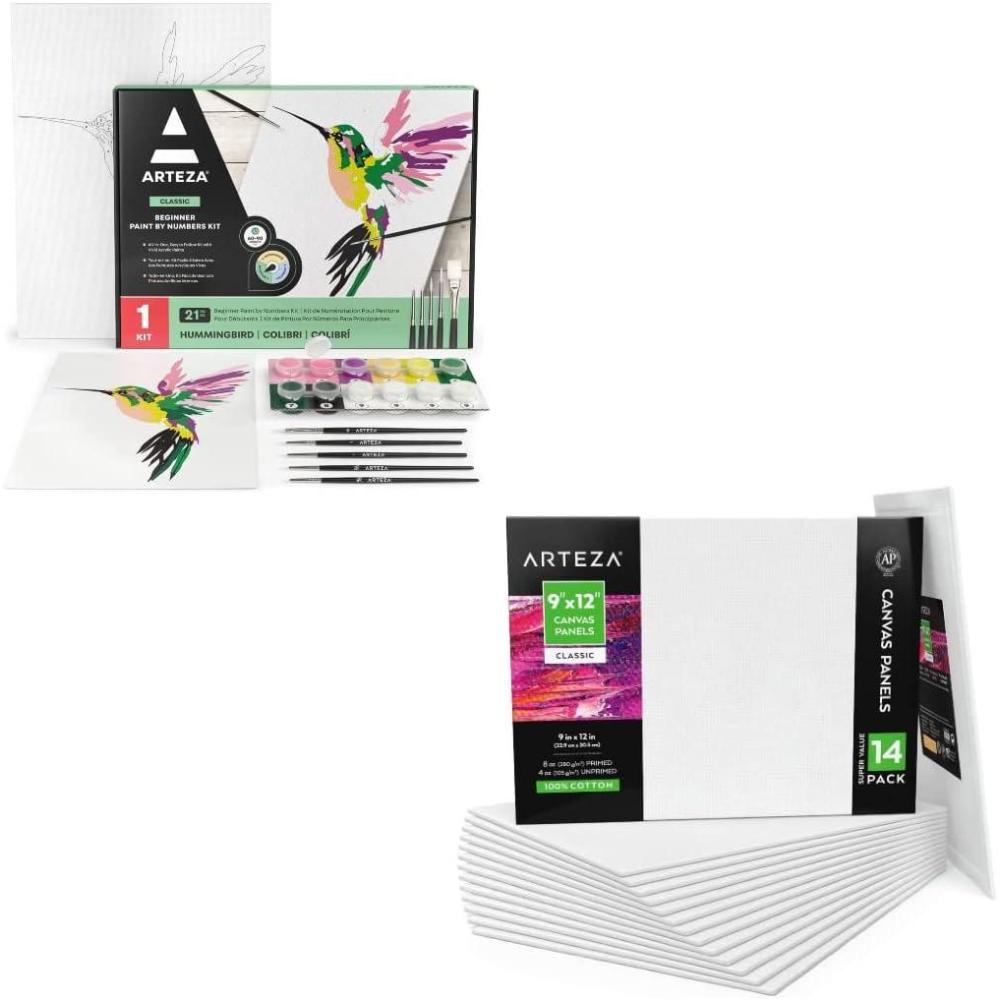 imageArteza Paint by Numbers Kit 12x16 Inches and Arteza Canvas Boards for Painting Pack of 14 9 x 12 Inches Art Supplies for Acrylic Pouring and Oil Painting