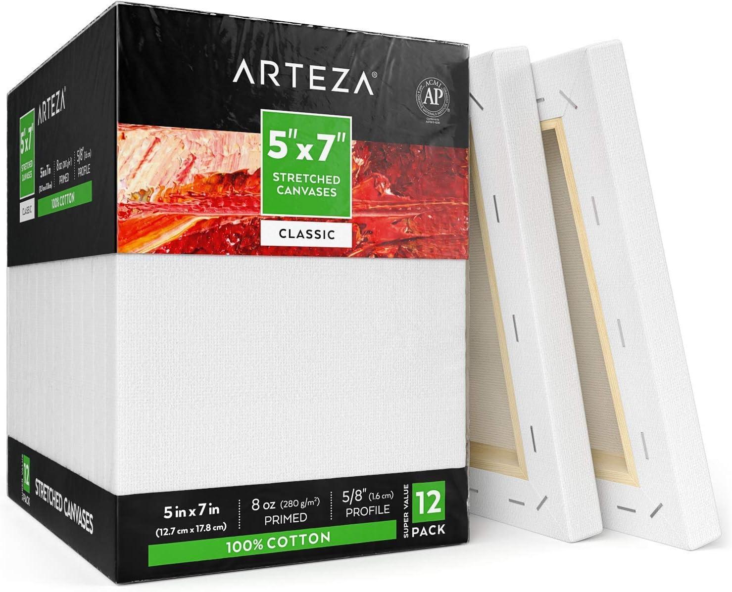imageArteza 5x7 Stretched White Blank Canvas 12 Pack 100 Cotton for Painting Acrylic Pouring Oil Paint amp Wet Art MediaIdeal for Professional Artist Hobby Painters amp Beginners