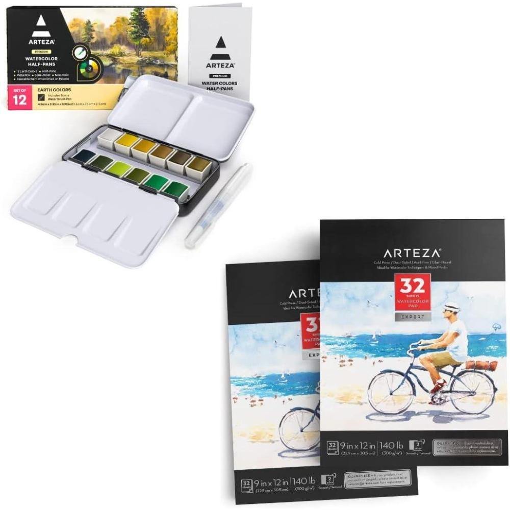 imageARTEZA Watercolor Paint Set with Water Brush 12 Watercolor Half Pans in Earth Tones Watercolor Sketchbook 9x12 inch Pack of 2 Art Supplies for Painting Stunning Landscapes