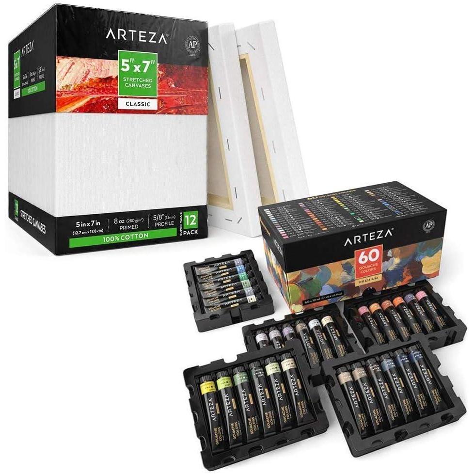 imageArteza 5x7 Stretched White Blank Canvas 12 Pack 100 Cotton for Painting Acrylic Pouring Oil Paint amp Wet Art MediaIdeal for Professional Artist Hobby Painters amp Beginners
