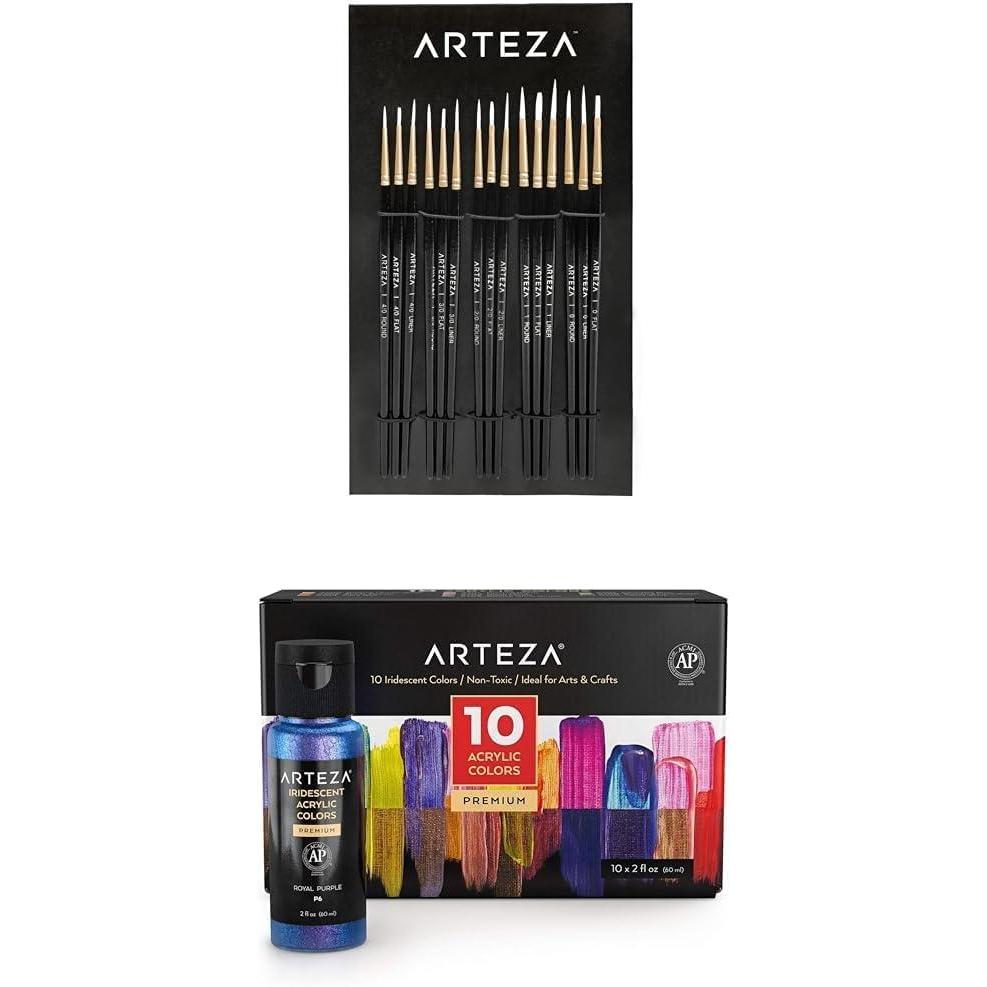 imageArteza Detail Paint Brushes Set of 15 and Iridescent Acrylic Paint Set of 10 Chameleon Colors