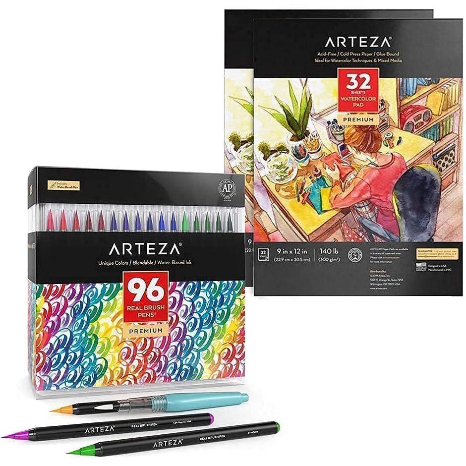 imageArteza Real Brush Pens and Watercolor Pad Bundle Drawing Art Supplies for Artist Hobby Painters amp Beginners