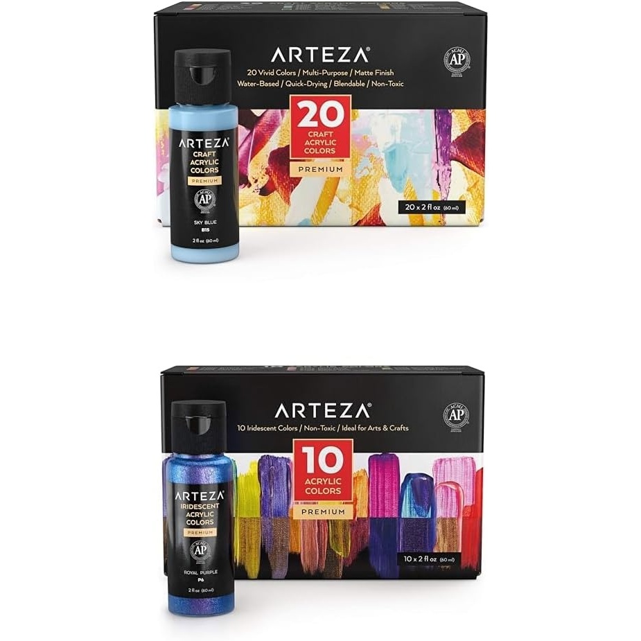imageARTEZA Craft Acrylic Paint Set of 20 Colors and Iridescent Acrylic Paint Set of 10 Chameleon Colors