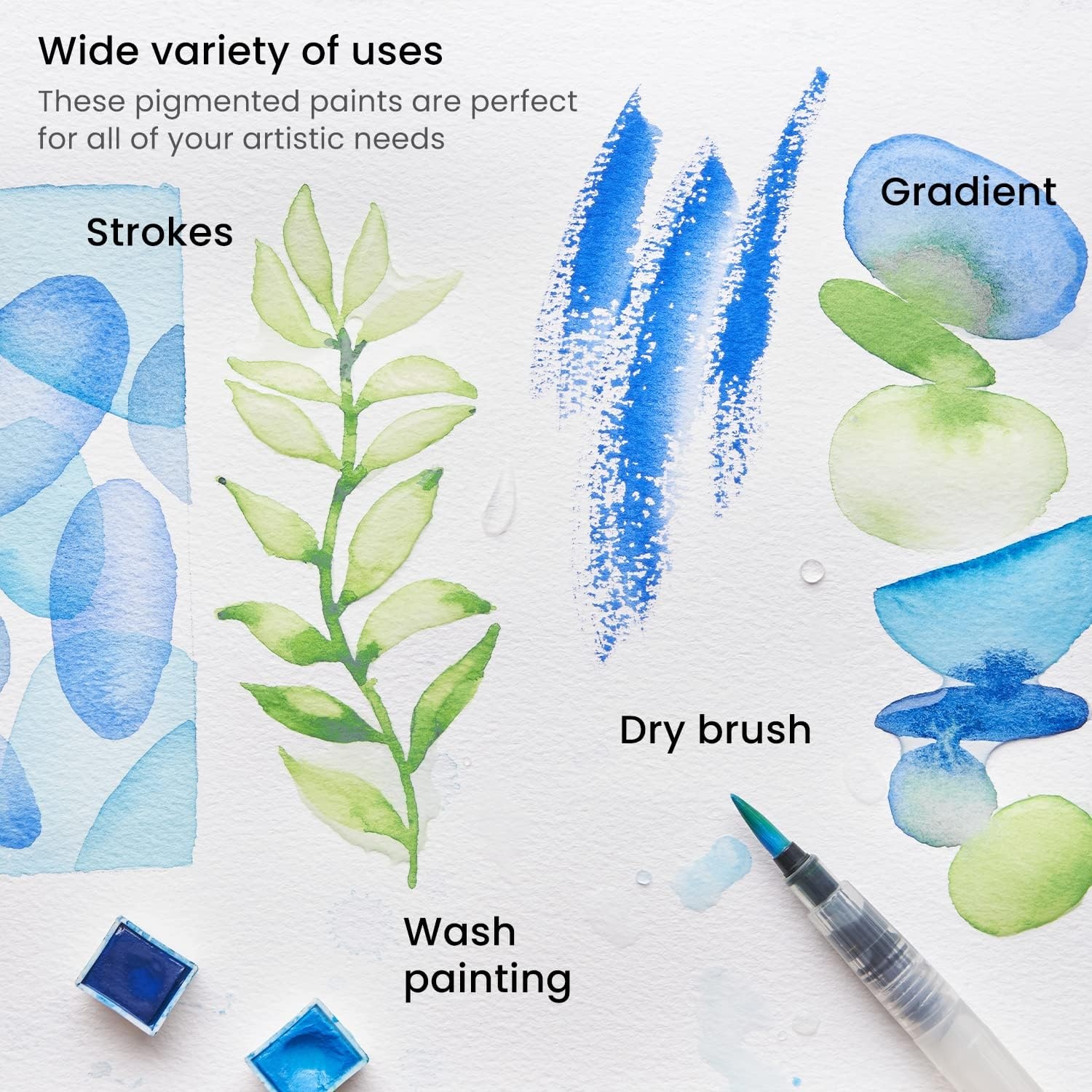image:imageARTEZA Watercolor Paint Set with Water Brush 12 Watercolor Half Pans in Ocean Tones 55x85 Inch Watercolor Pad Pack of 3 90 Sheets Art Supplies for Wet Dry amp Mixed Media