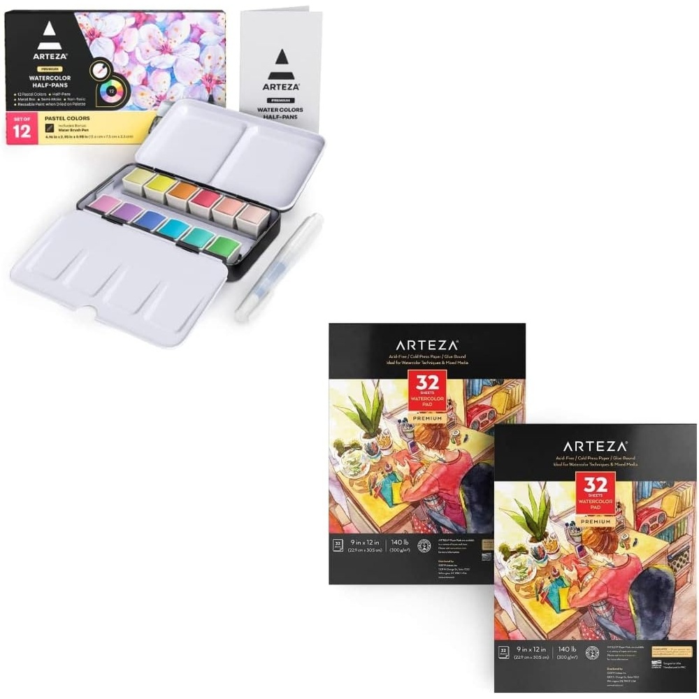 image:imageARTEZA Pastel Watercolor Paint Set with Water Brush 12 Watercolor Half Pans Watercolor Paper 9x12 Inch Pack of 2 64 Sheets Art Supplies for Painting amp Drawing Wet Mixed Media