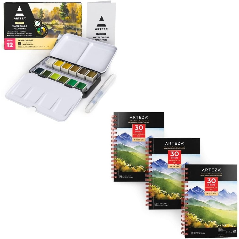image:imageARTEZA Watercolor Paint Set with Water Brush 12 Watercolor Half Pans in Earth Tones 55x85 Inch Watercolor Pad Pack of 3 90 Sheets Art Supplies for Wet Dry amp Mixed Media
