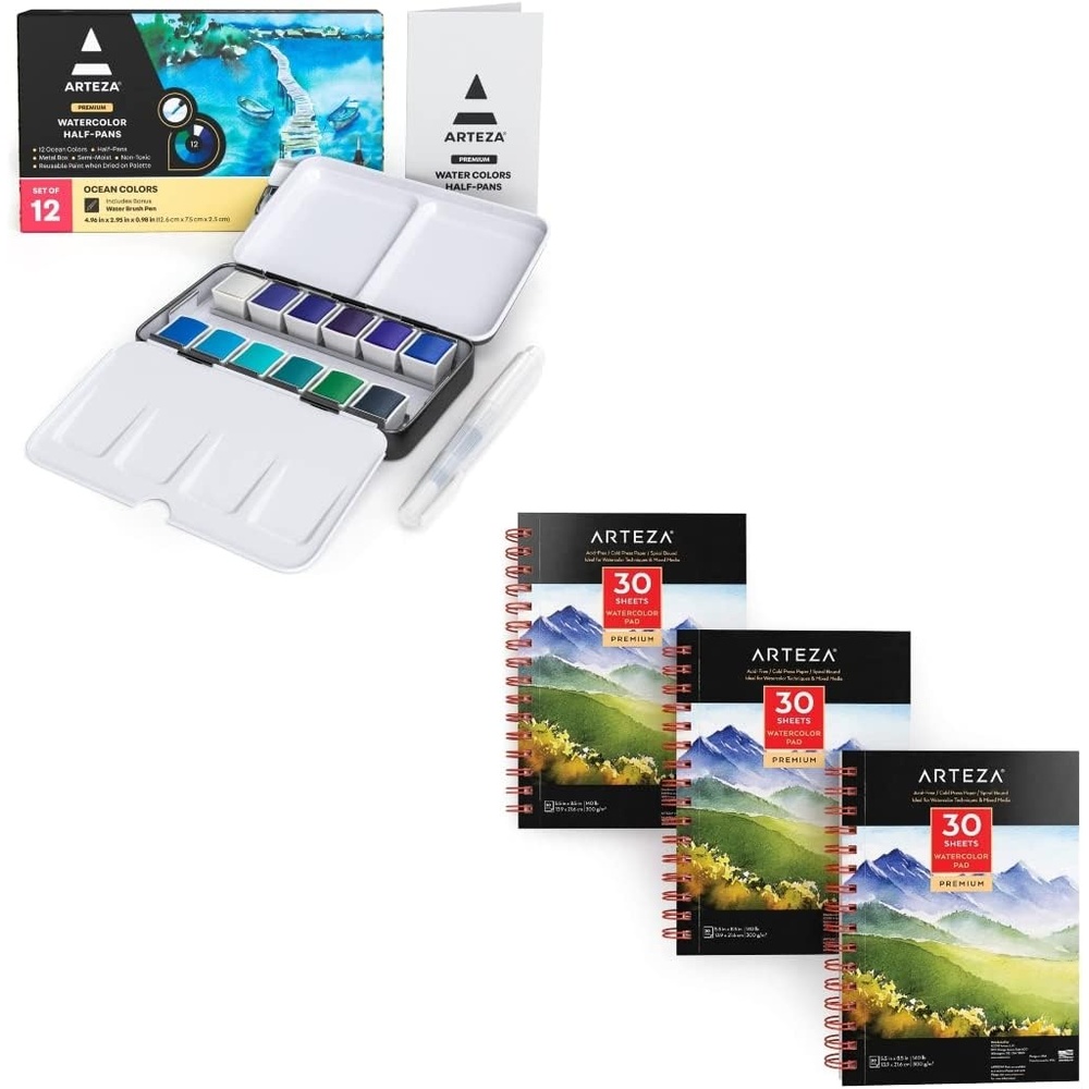image:imageARTEZA Watercolor Paint Set with Water Brush 12 Watercolor Half Pans in Ocean Tones 55x85 Inch Watercolor Pad Pack of 3 90 Sheets Art Supplies for Wet Dry amp Mixed Media