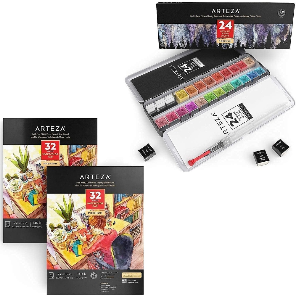 image:imageArteza Metallic Watercolor Paint and Pad Bundle Painting Art Supplies for Artist Hobby Painters amp Beginners