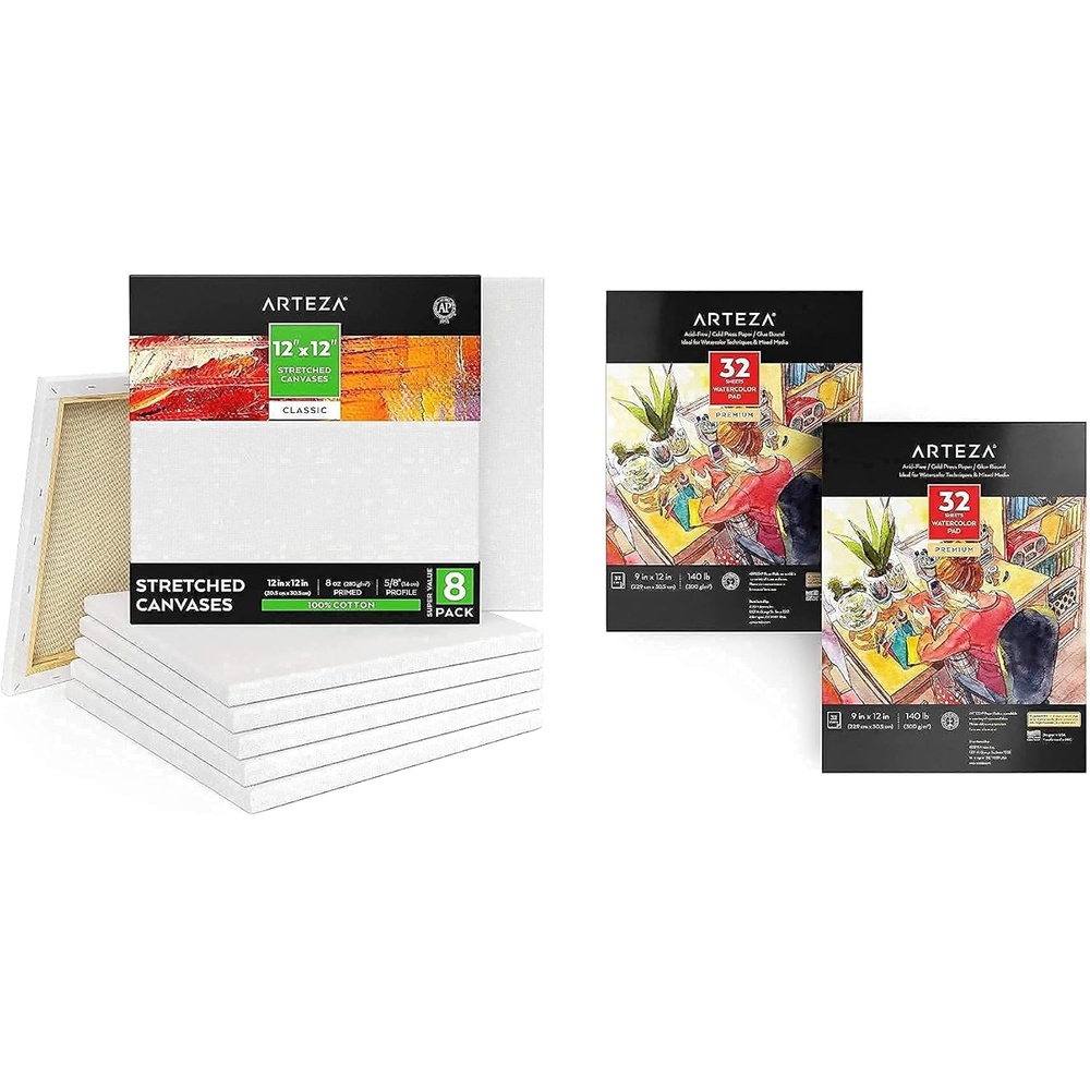 image:imageWatercolor Paper 9x12 Inch Pack of 2 and 12x12 Inch Stretched Canvas Classic Pack of 8 Bundle Painting Art Supplies for Artist Hobby Painters amp Beginners