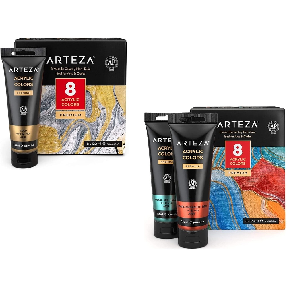 image:imageARTEZA Metallic Acrylic Paint Set of 8 and Metallic Acrylic Paint Set of 8 Classic Elements Painting Art Supplies for Artist Hobby Painters amp Beginners