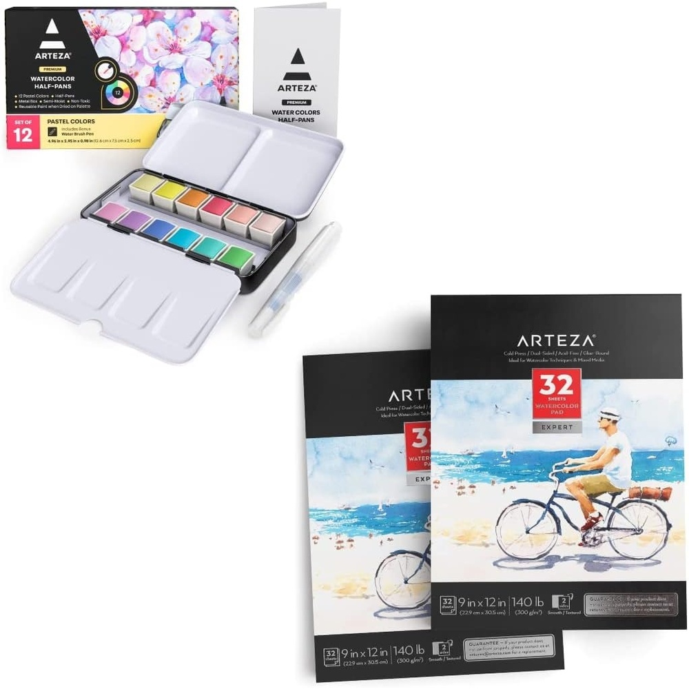 image:imageARTEZA Pastel Watercolor Paint Set with Water Brush 12 Watercolor Half Pans Watercolor Paper Pad 9x12 inch Pack of 2 Art Supplies for Painting Stunning Landscapes