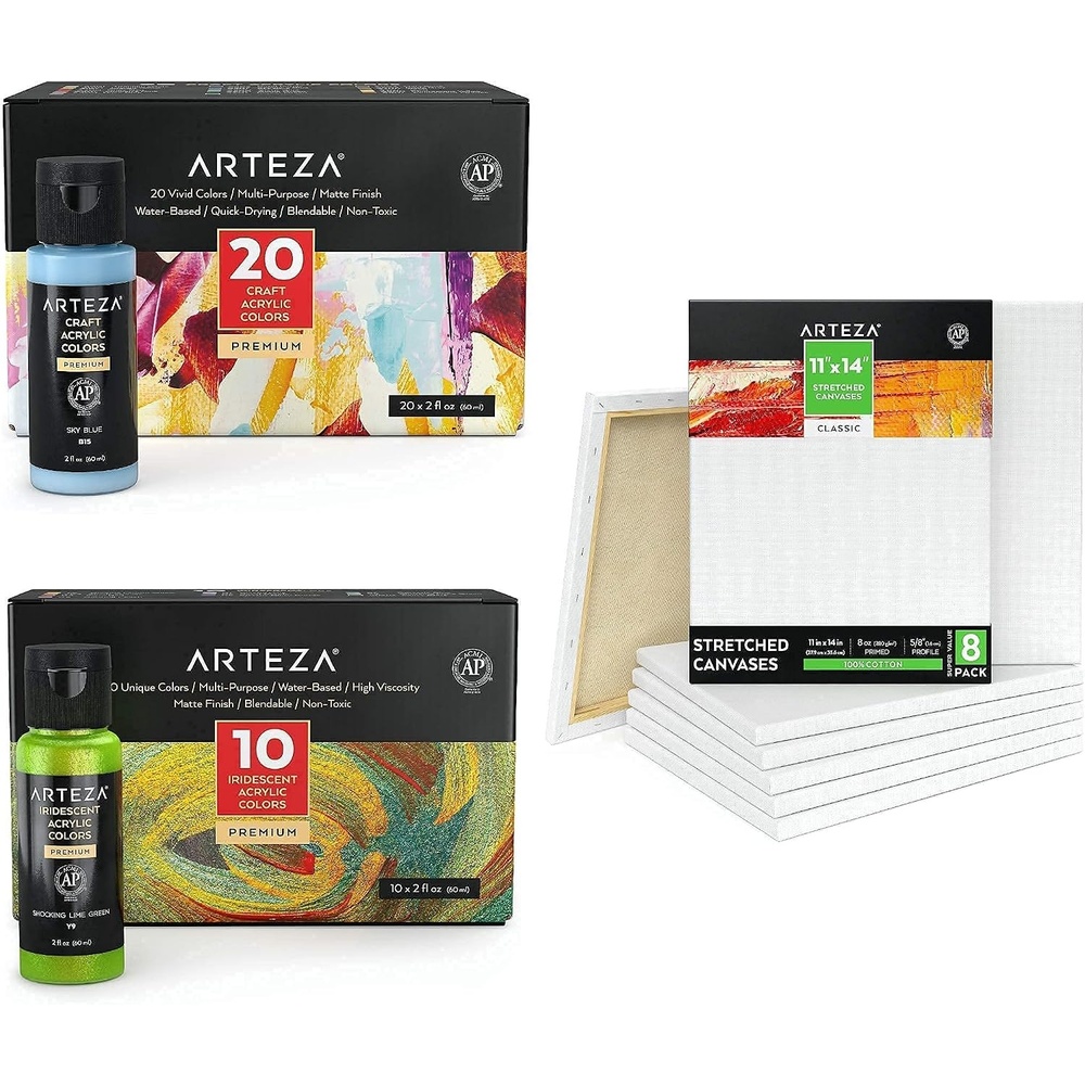 image:imageArteza Acrylic Iridescent Paint Pack of 10 and Craft Acrylic Paint Set of 20 with Stretched Canvases 11x14 Pack of 8 Bundle Painting Art Supplies for Artist Hobby Painters amp Beginners