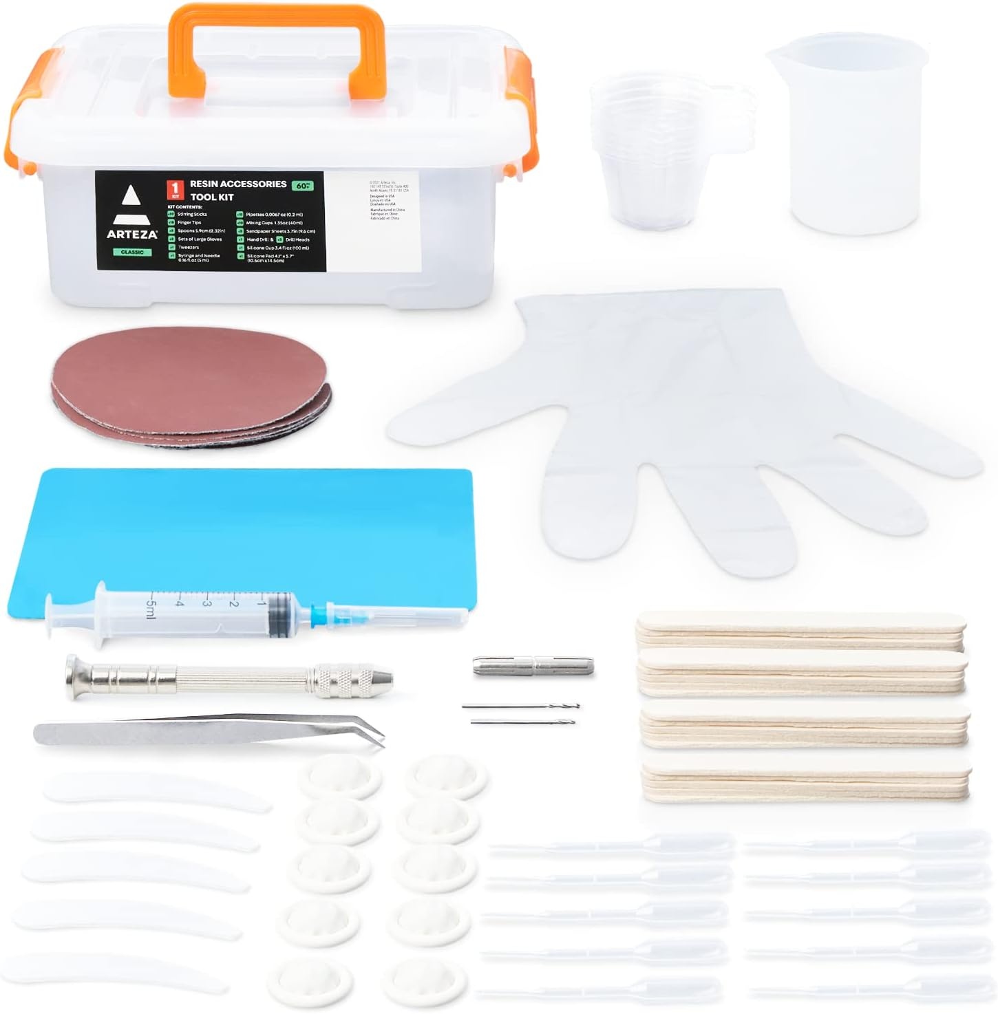 image:imageARTEZA Resin Accessories 69 Epoxy Tools Including Mixing Cups Stir Sticks Pipettes Hand Drill Spoons amp Tweezers for Crafts