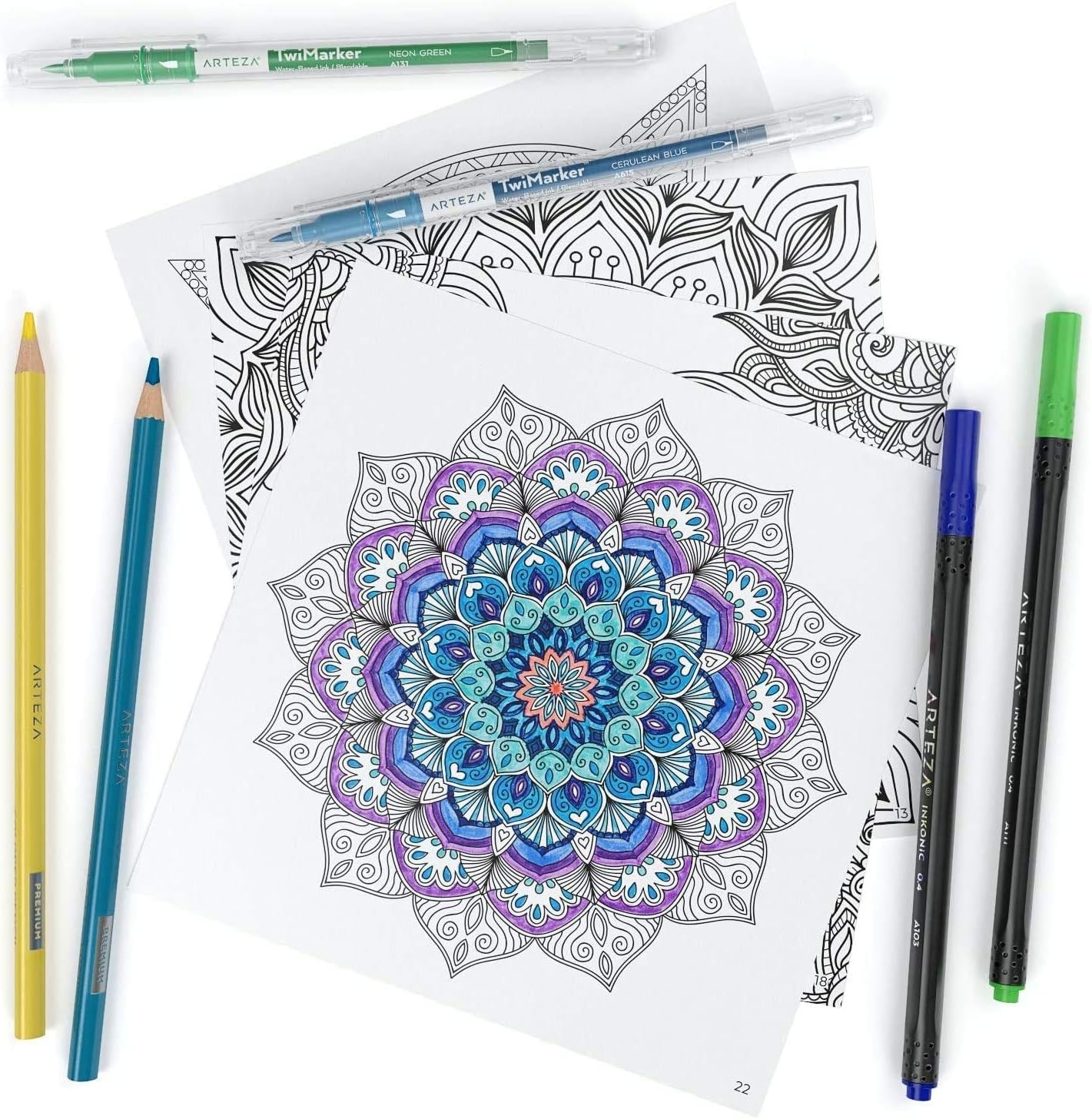 image:imageArteza Mandala Coloring Art Set 72 Colored Pencils 64 x 64 Inches Mandala Coloring Book with 72 Detachable Designs for Relaxation and Stress Relief72