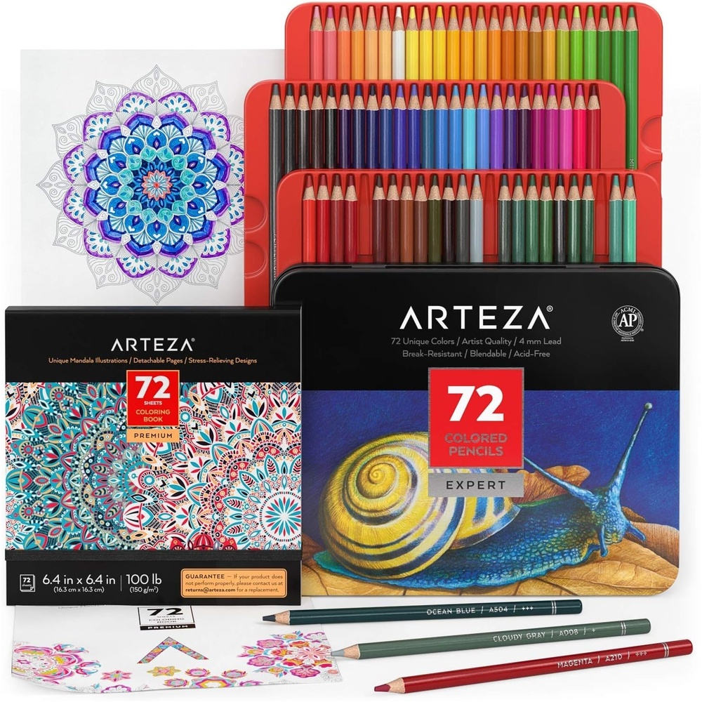 image:imageArteza Mandala Coloring Art Set 72 Colored Pencils 64 x 64 Inches Mandala Coloring Book with 72 Detachable Designs for Relaxation and Stress Relief72